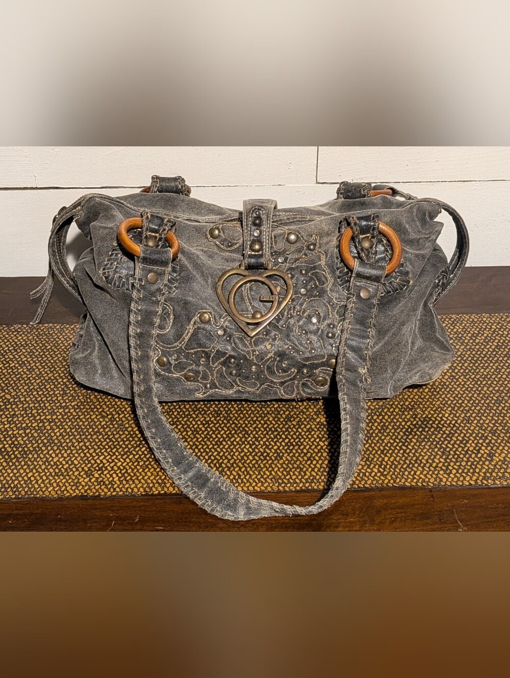 Y2K Guess Hobo Bag Womens Large Pewter Metallic Logo Rhinestone Whipstitch Studs
